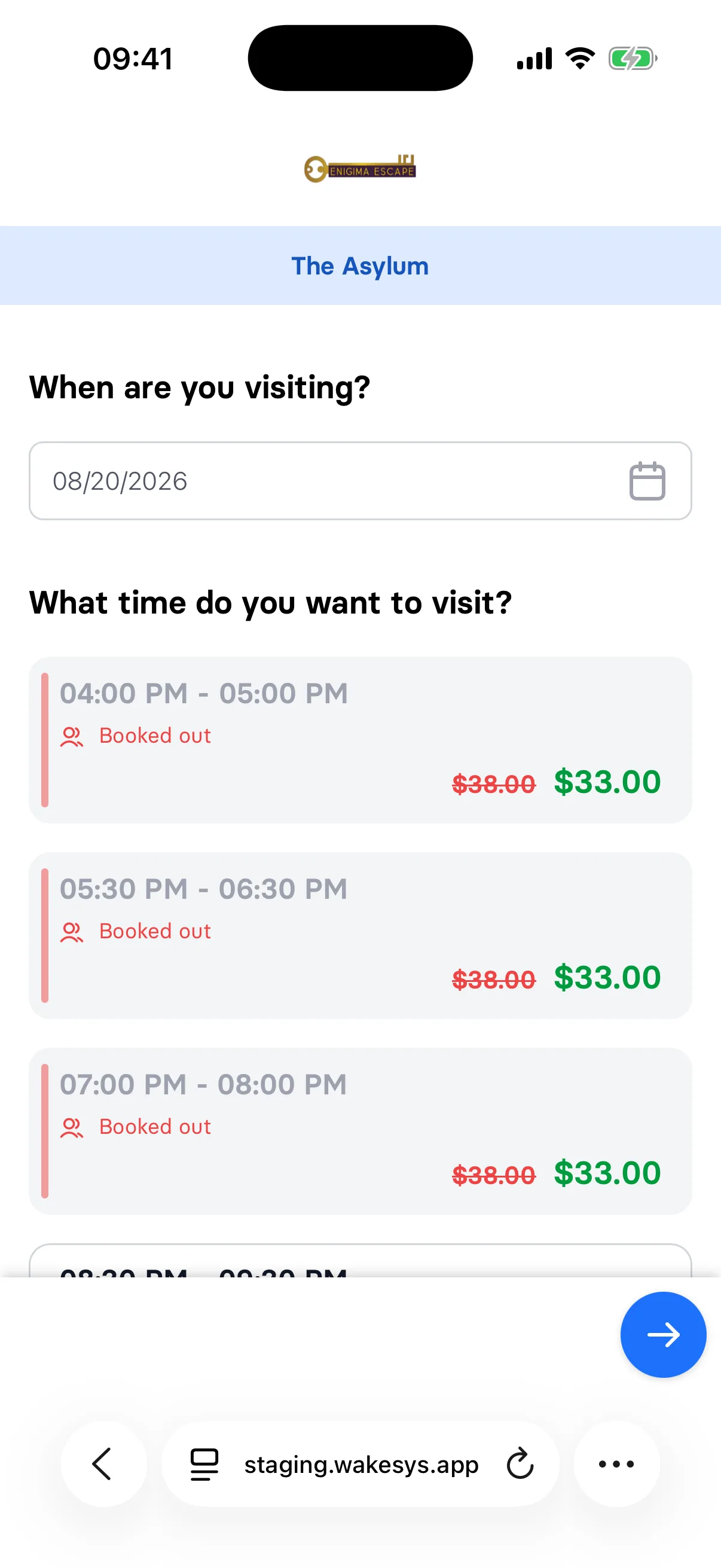 A time slot showing the Booked out badge