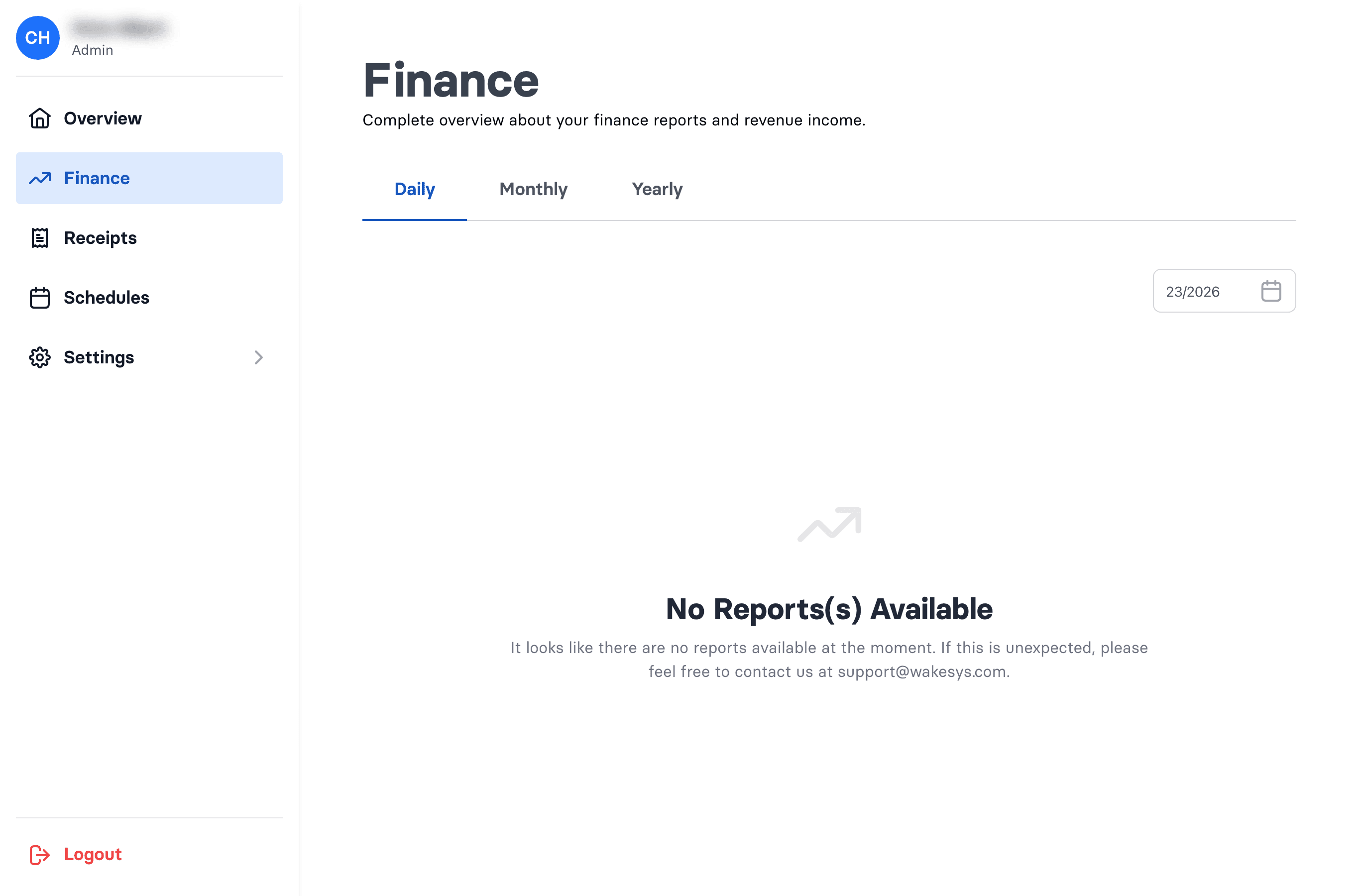 The Finance page with Daily, Monthly, and Yearly report tabs