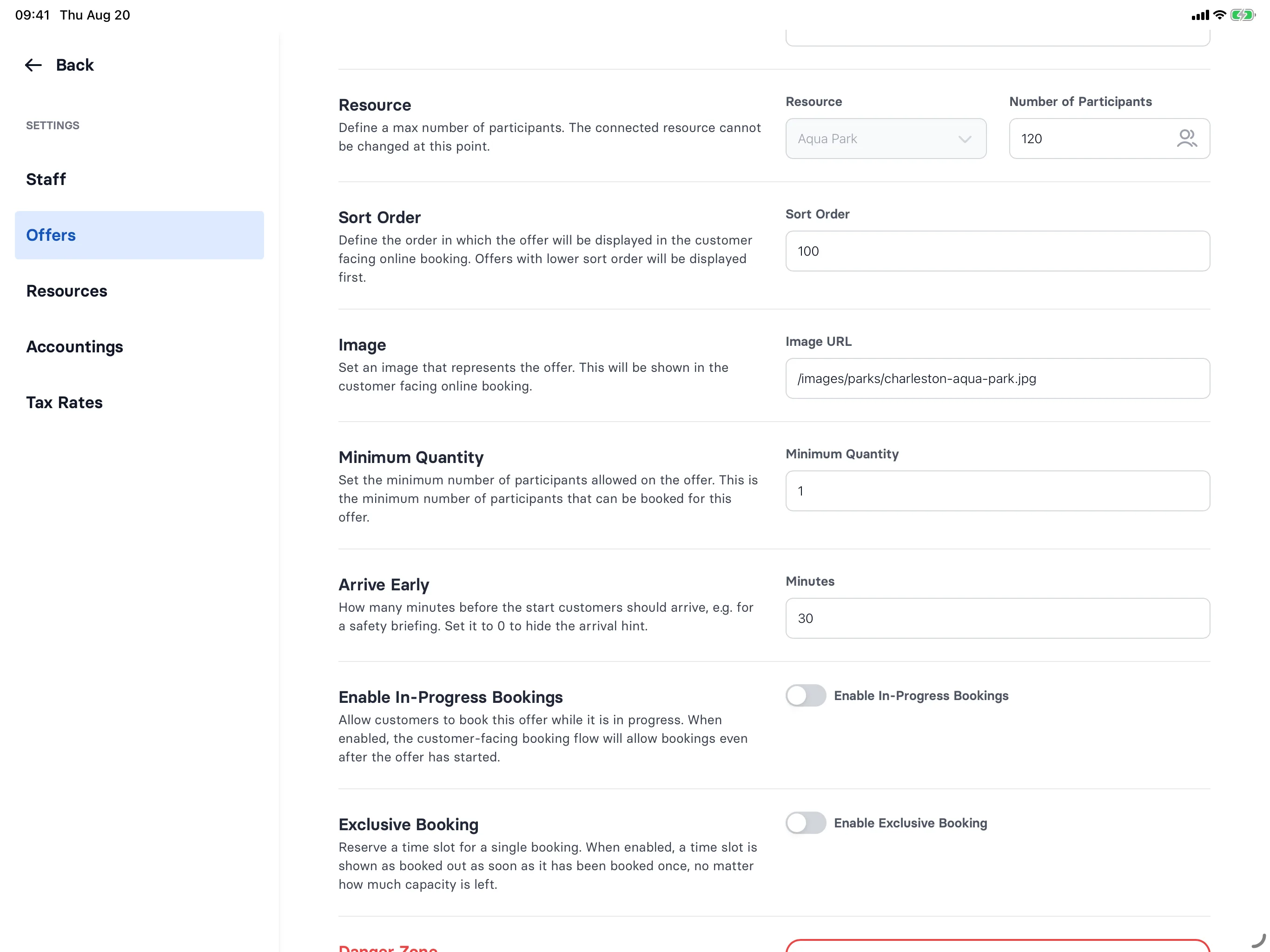 The offer form showing Minimum Quantity, Arrive Early, Enable In-Progress Bookings and Exclusive Booking