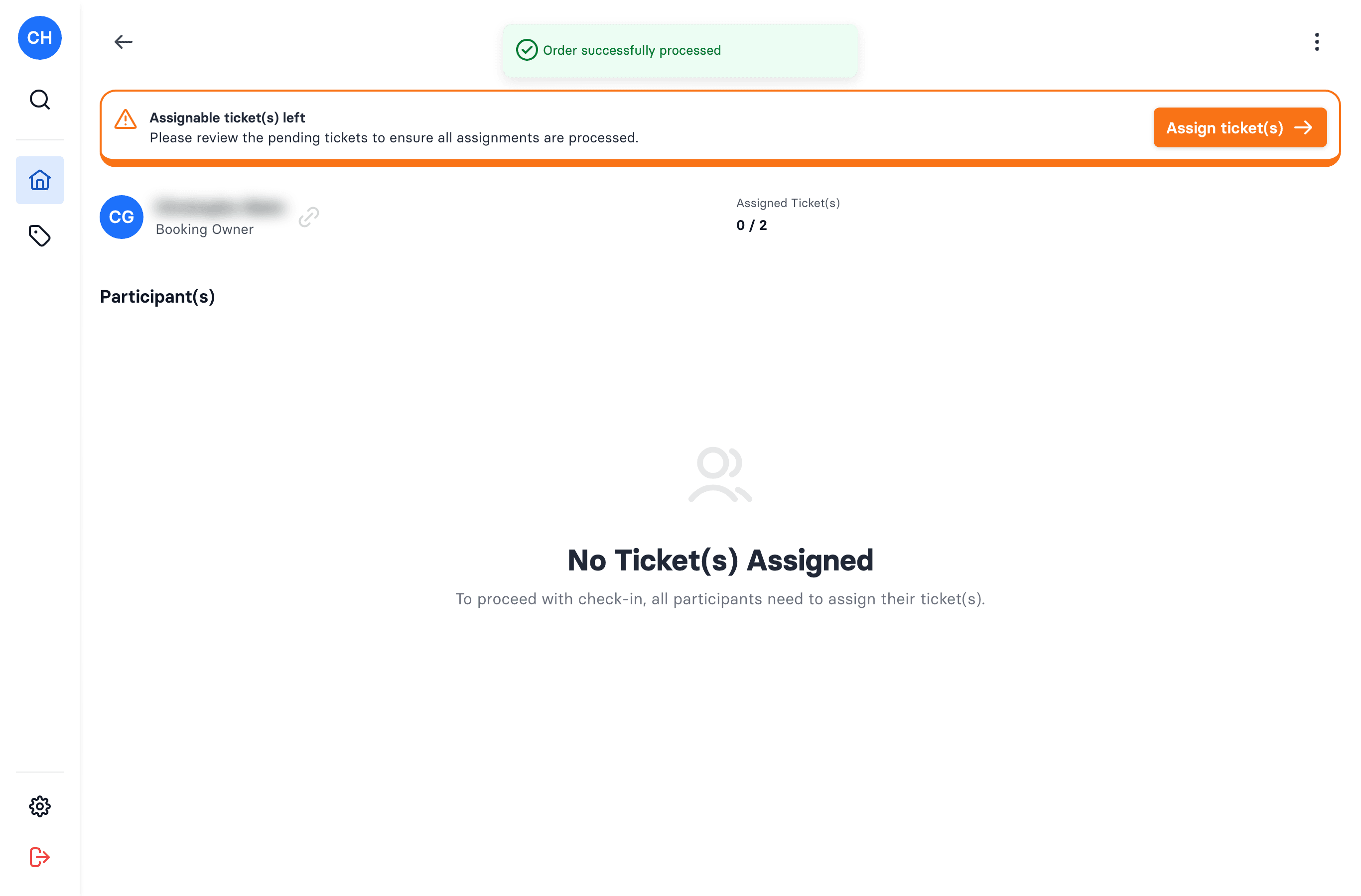An open booking showing "Assignable ticket(s) left" and the Assign ticket(s) button