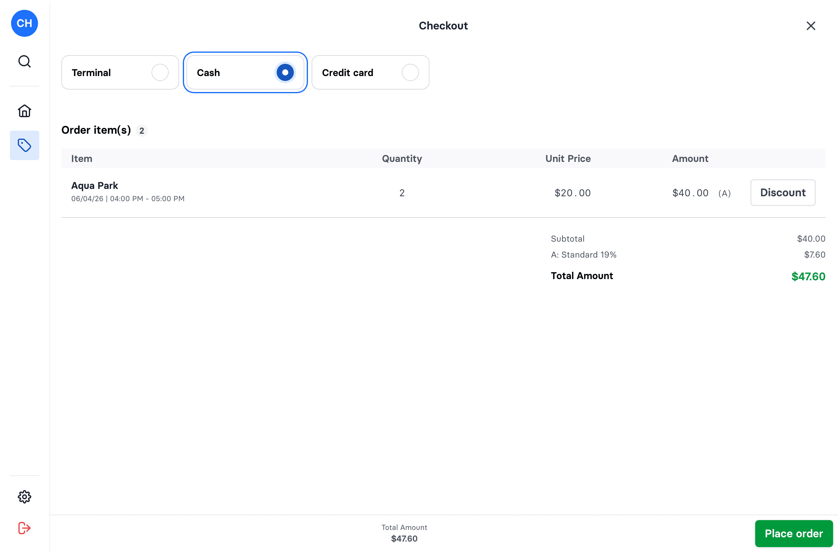 The checkout — choose a payment method and review the order before placing it