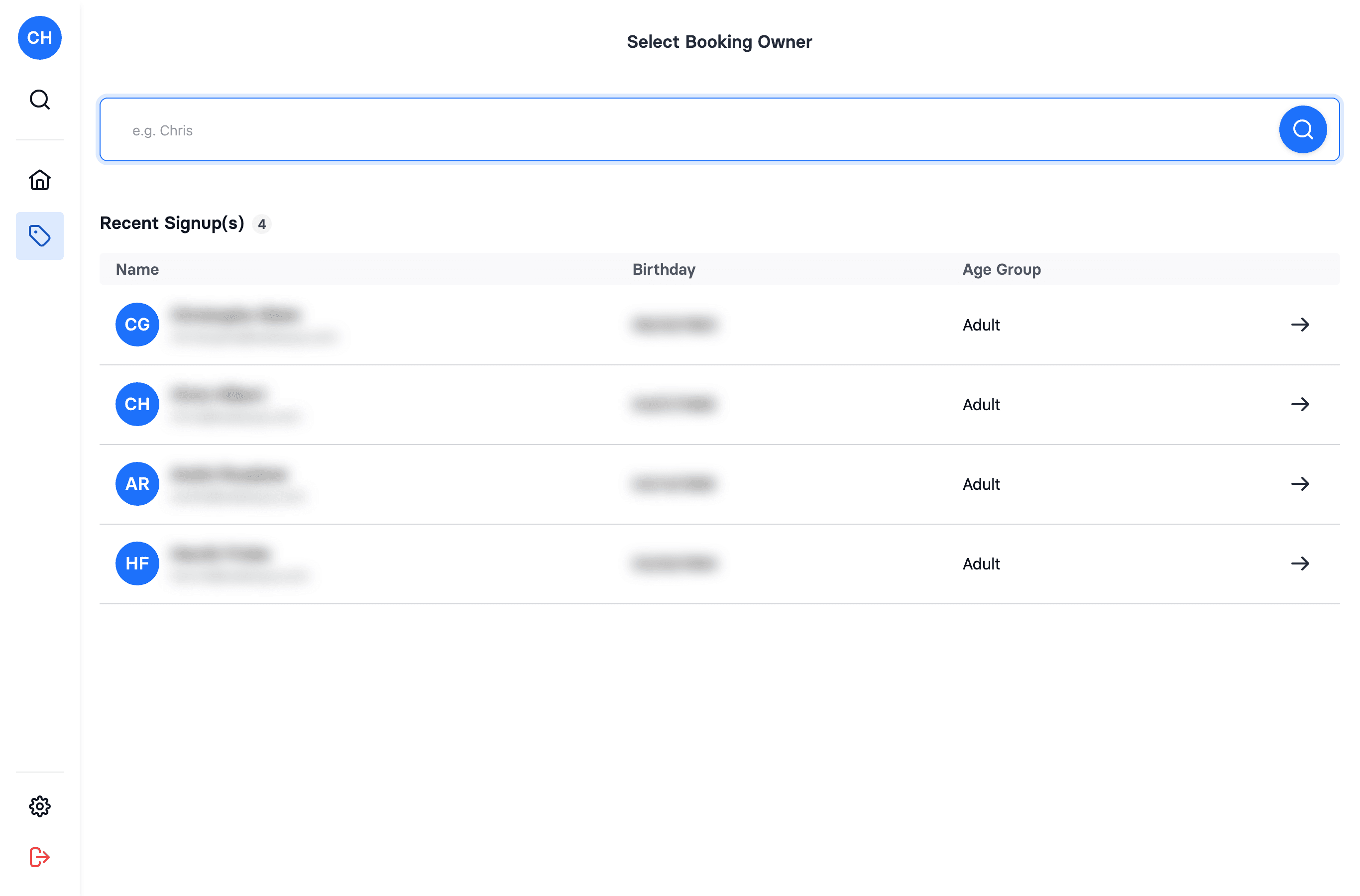 The POS Sale screen — Select Booking Owner, with search and recent sign-ups