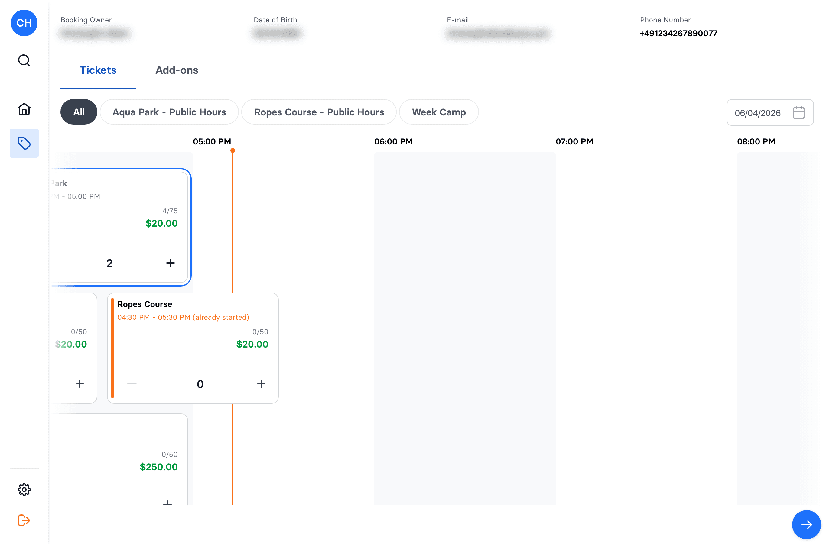 Choosing time slots and quantities on the product selection screen