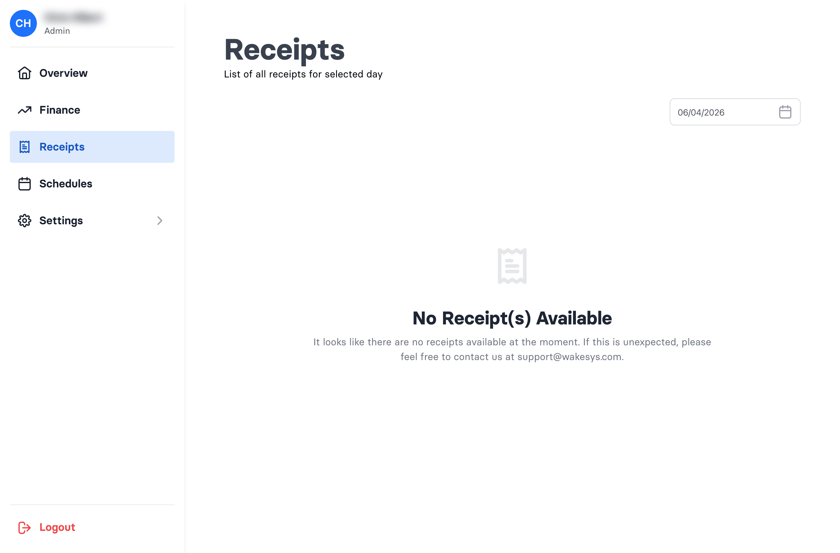 The Receipts page, listing receipts for the selected day