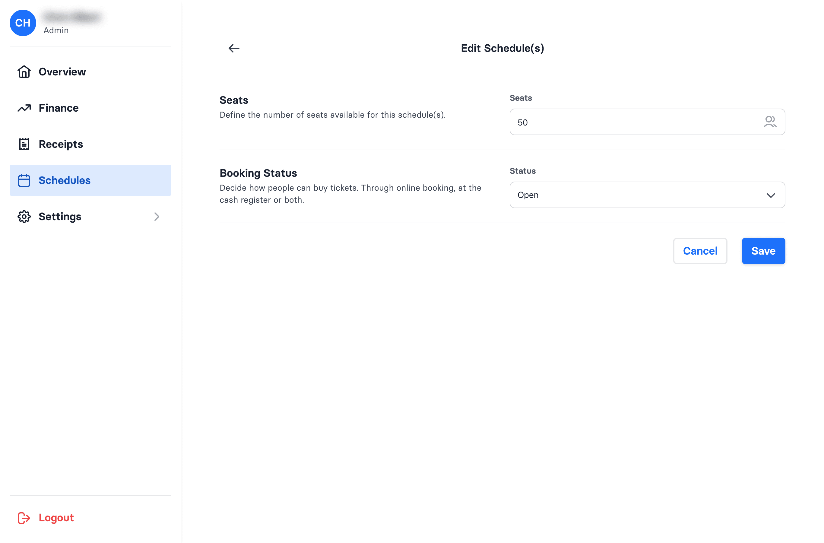 The Edit Schedule(s) page, with the Seats and Booking Status fields