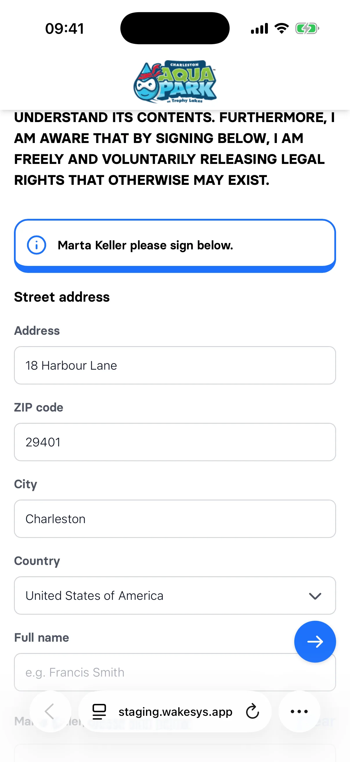The waiver on the tablet, with the address prefilled from a family member