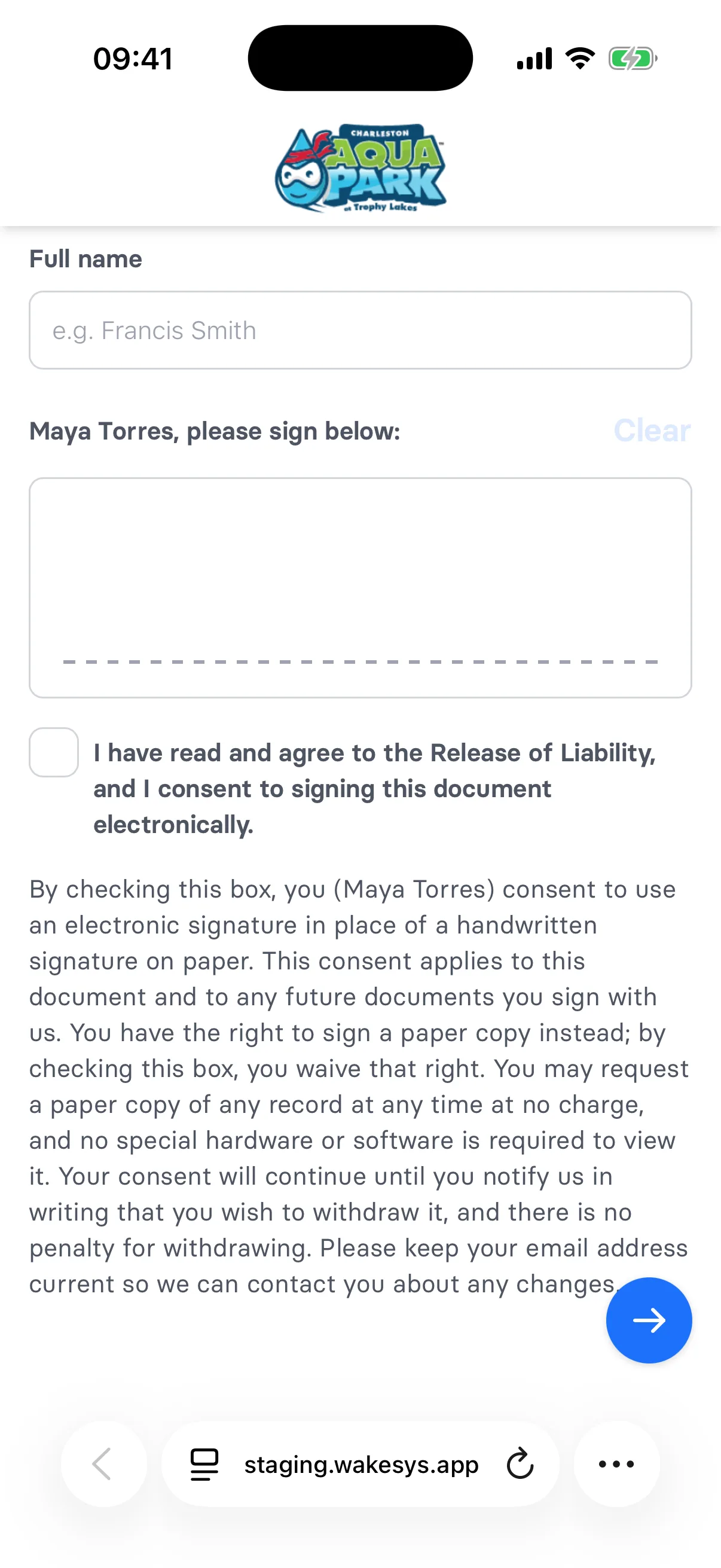 The Release of Liability with the electronic signature consent checkbox
