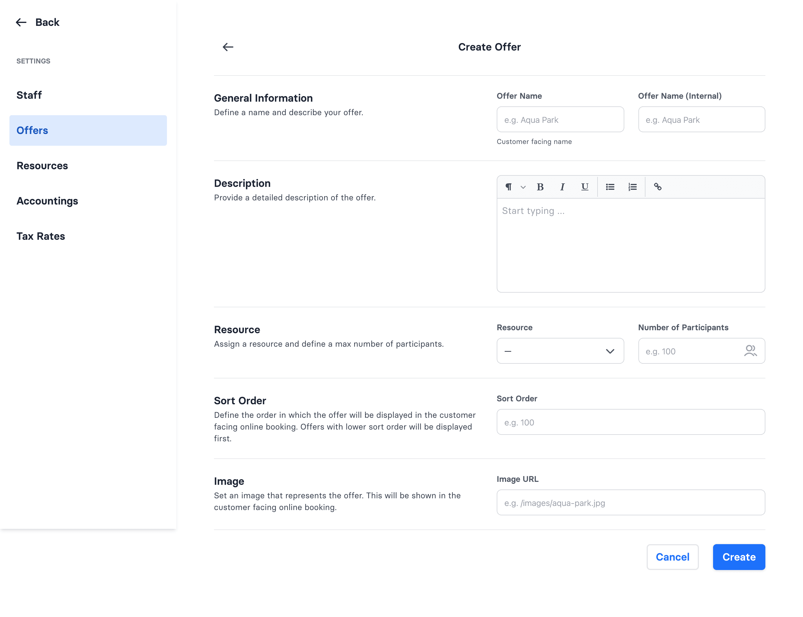 The Create Offer form, with customer-facing and internal names, resource, and capacity