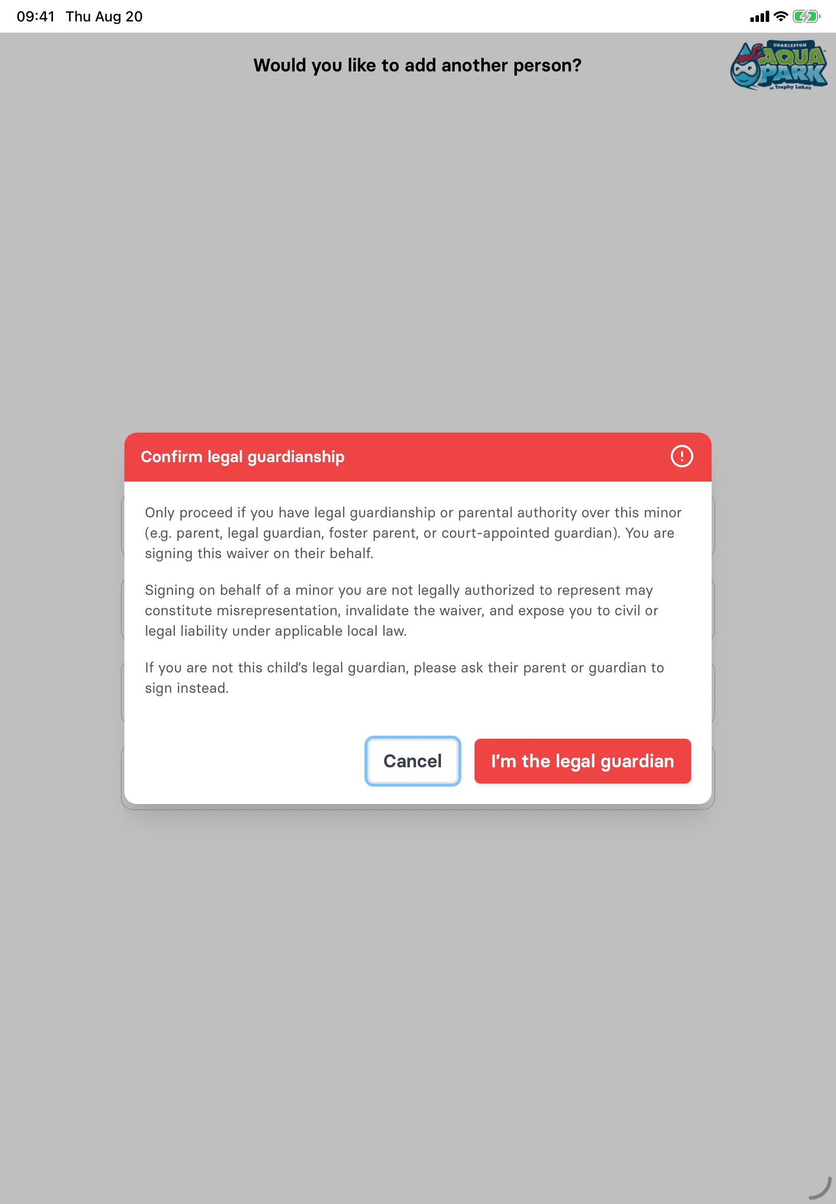 The Confirm legal guardianship dialog at the on-site signup