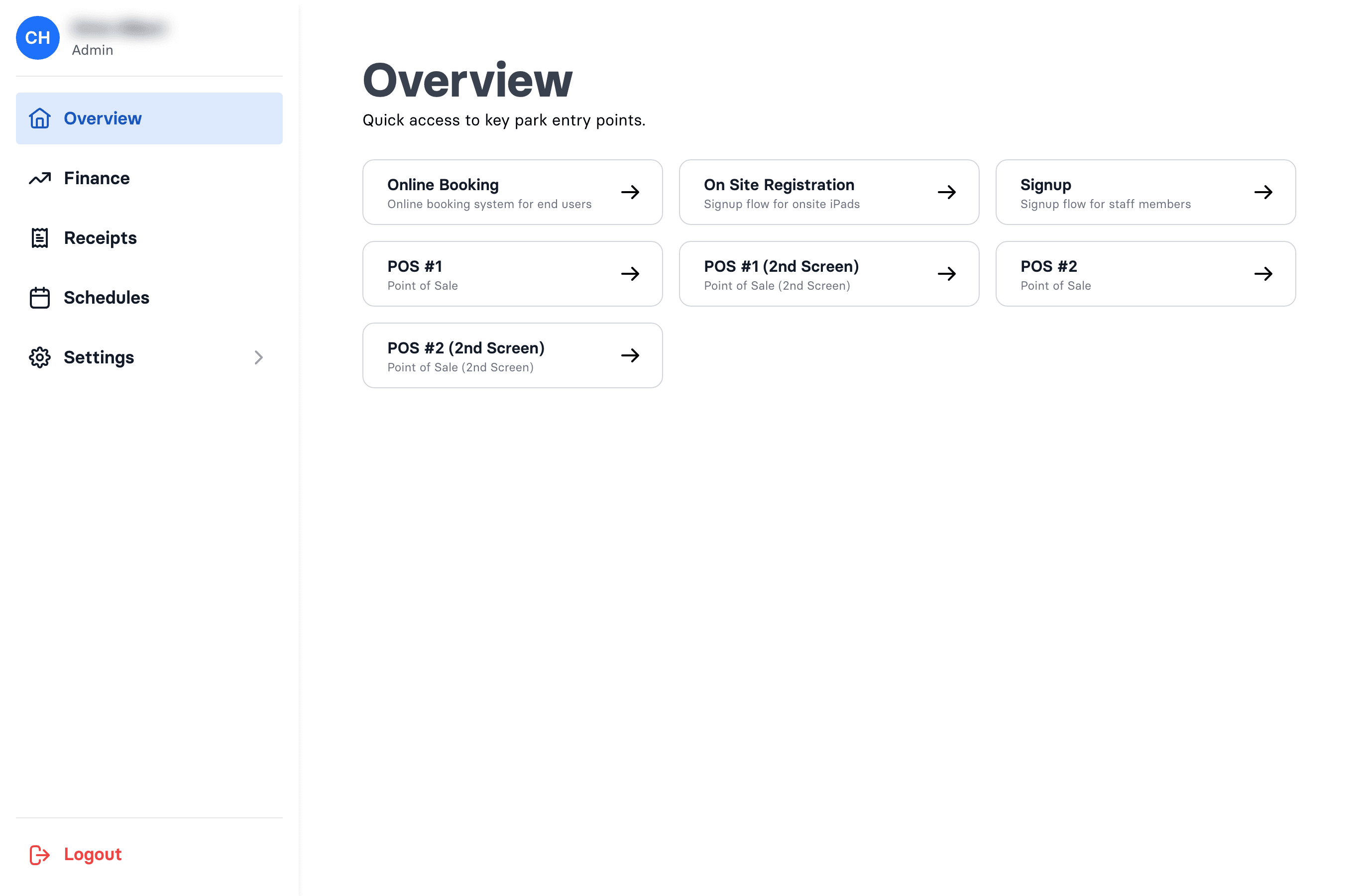 The Admin overview — your home base once you're logged in