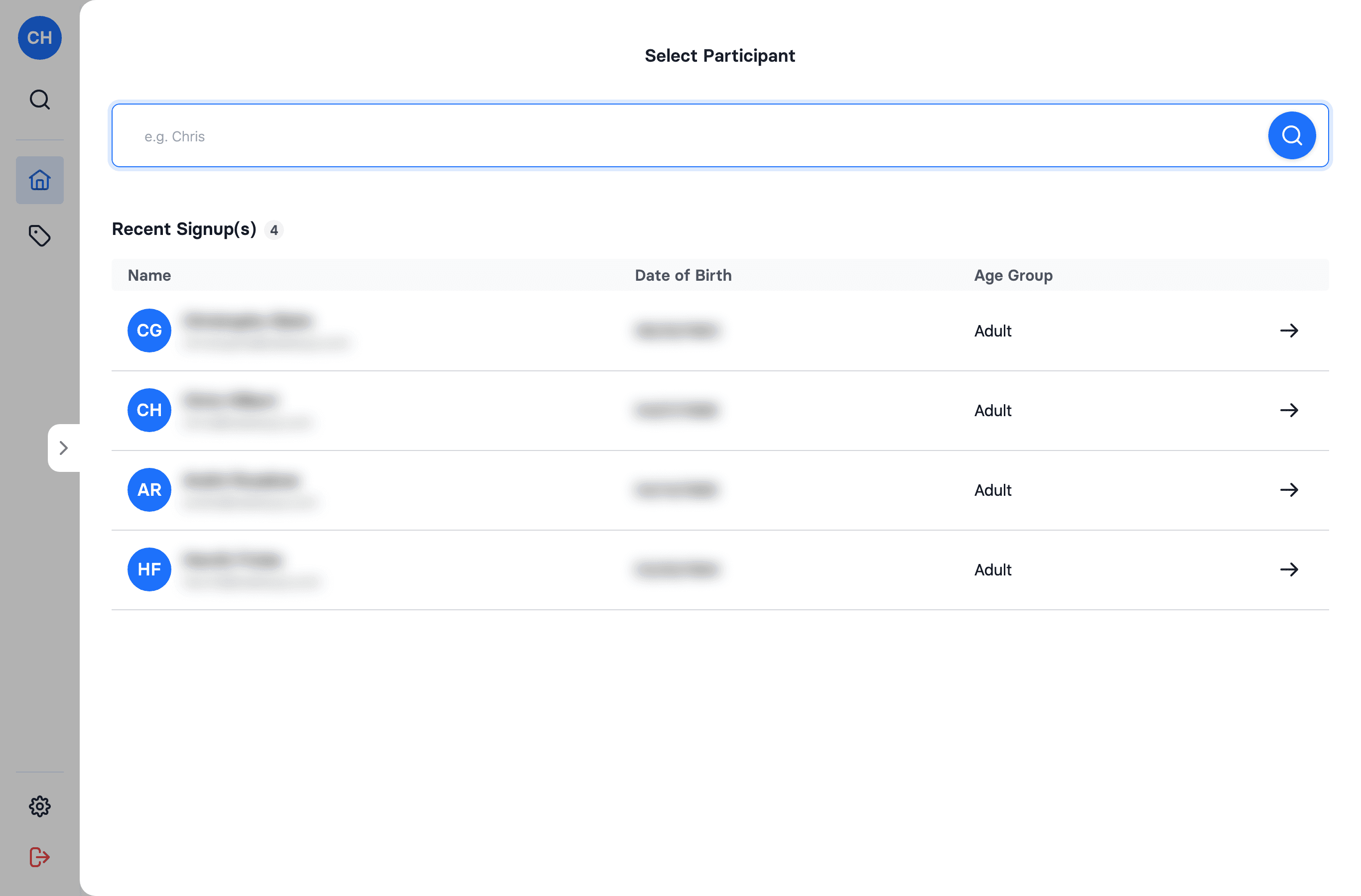 The Select Participant screen — search or pick from recent sign-ups