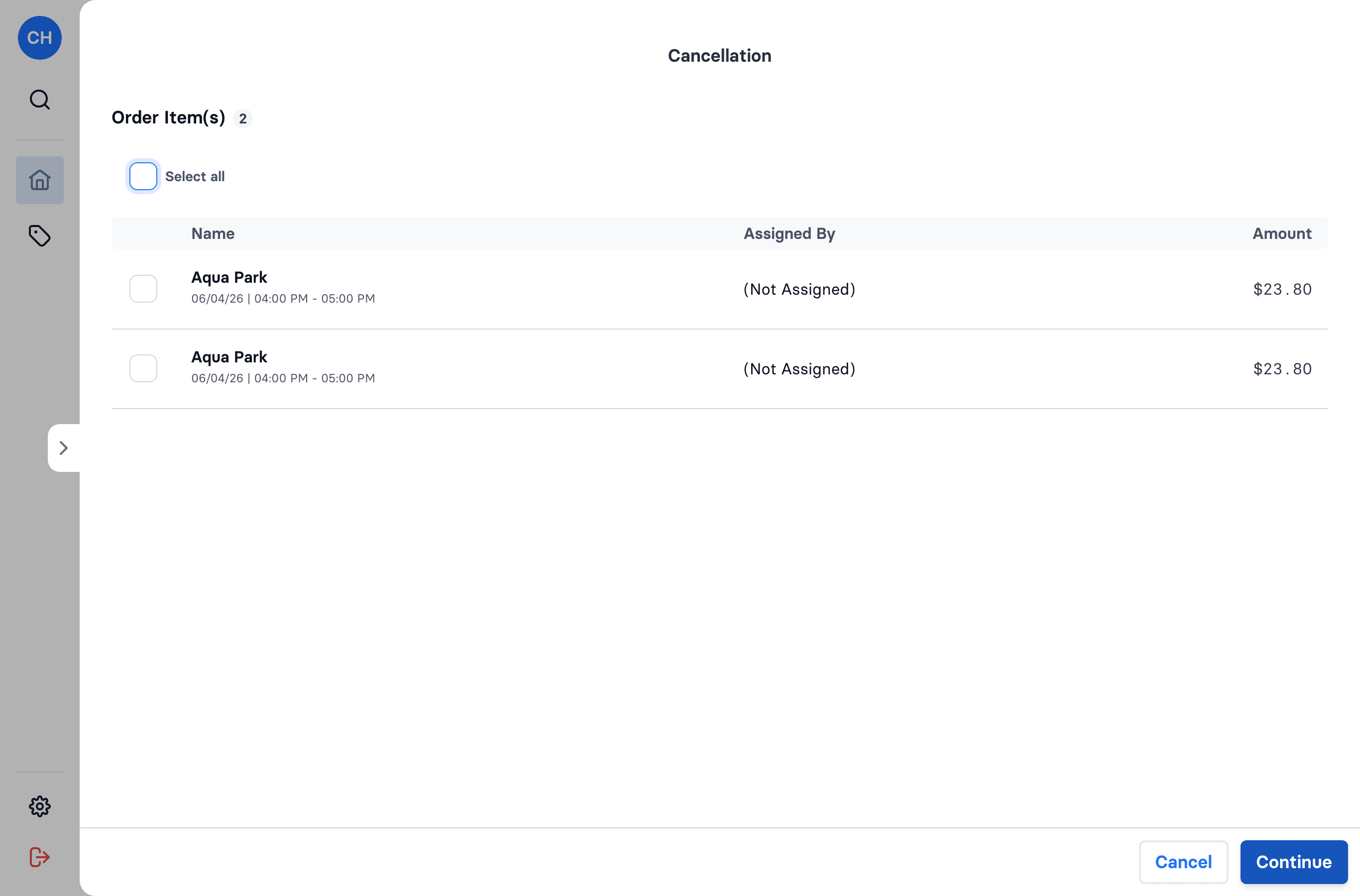 The Cancellation screen — select the order items to refund