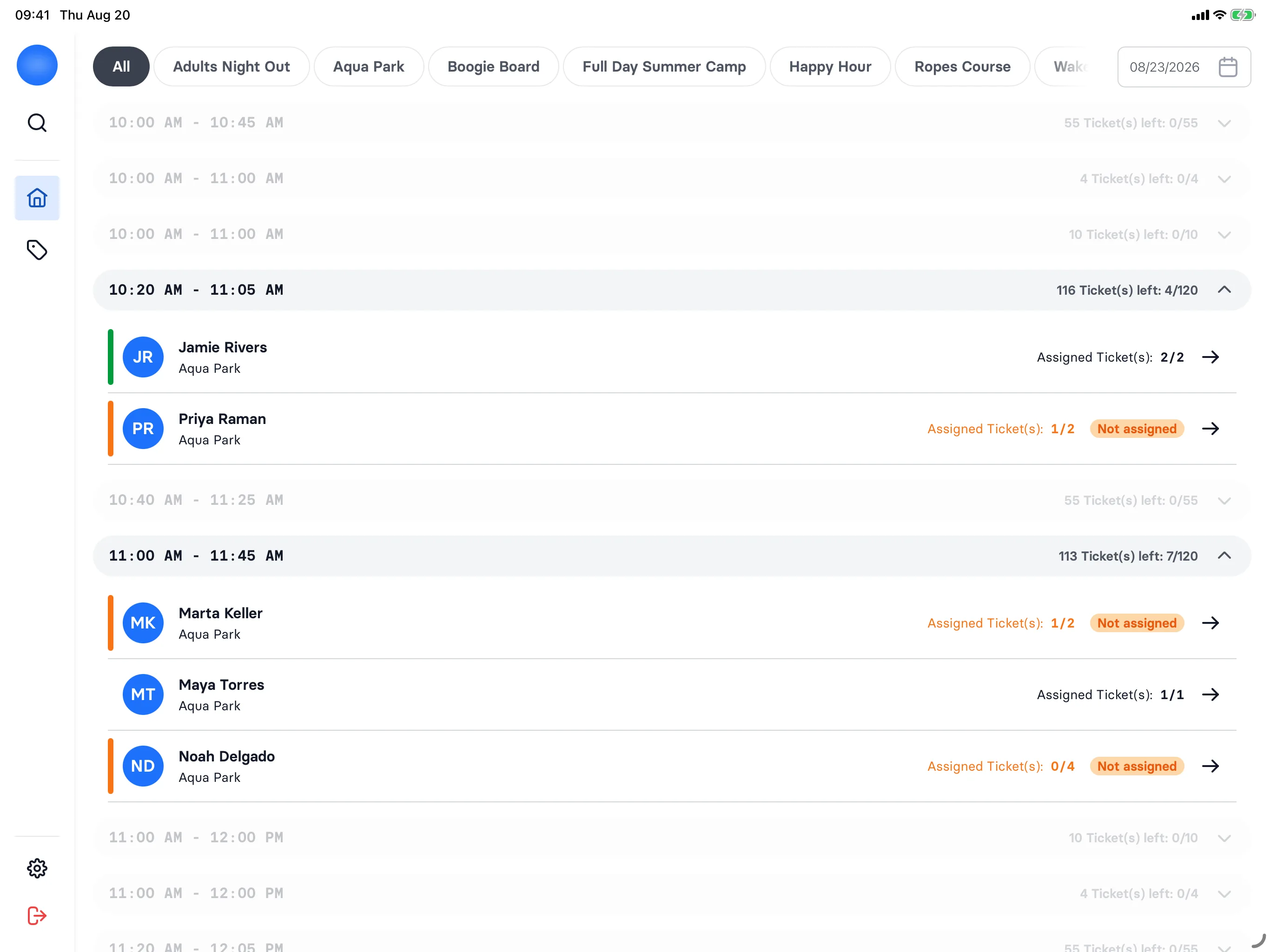 The POS bookings list, grouped by time slot, with green and amber booking rows