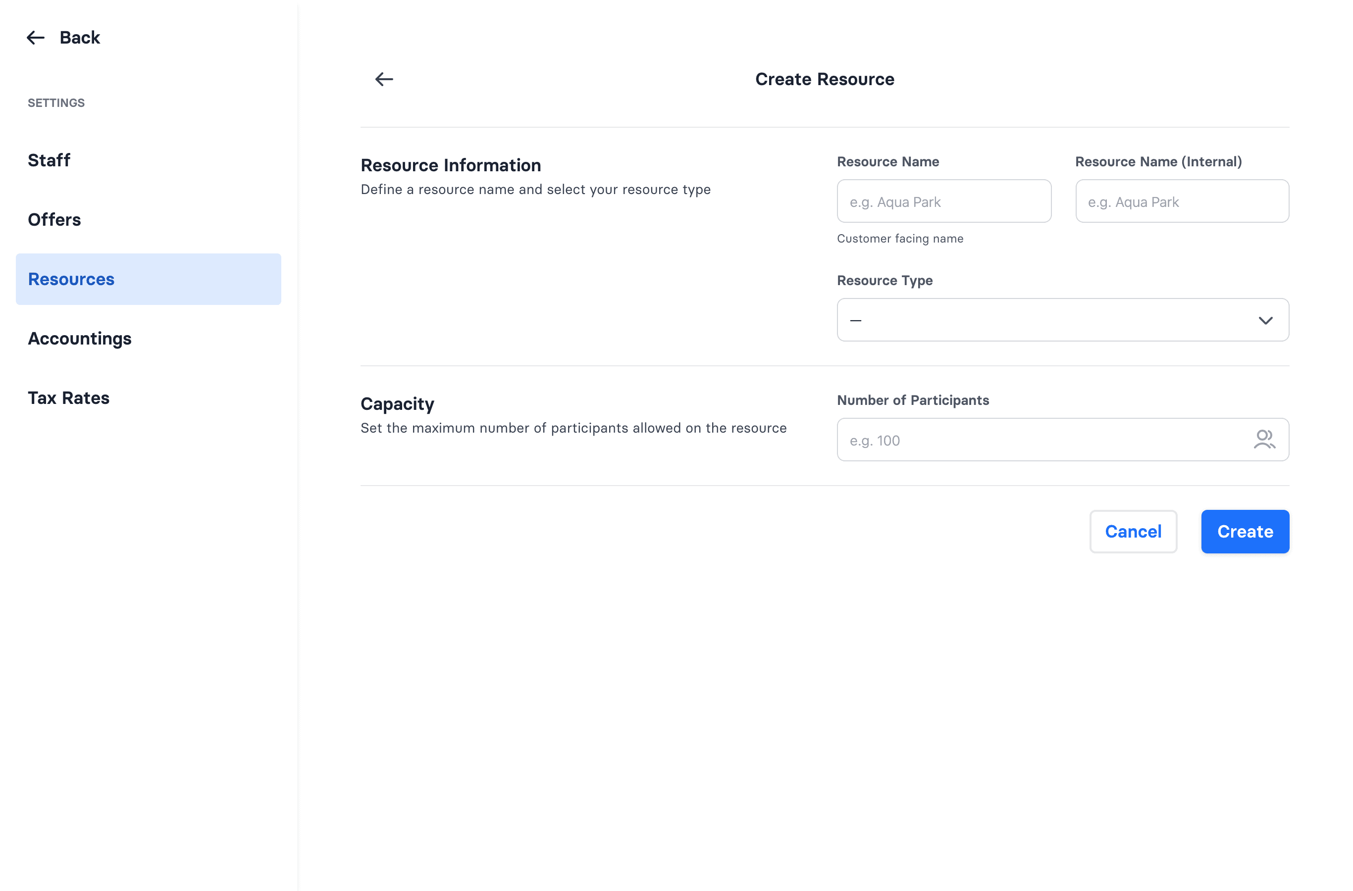 The Create Resource form, with name, type, and capacity fields