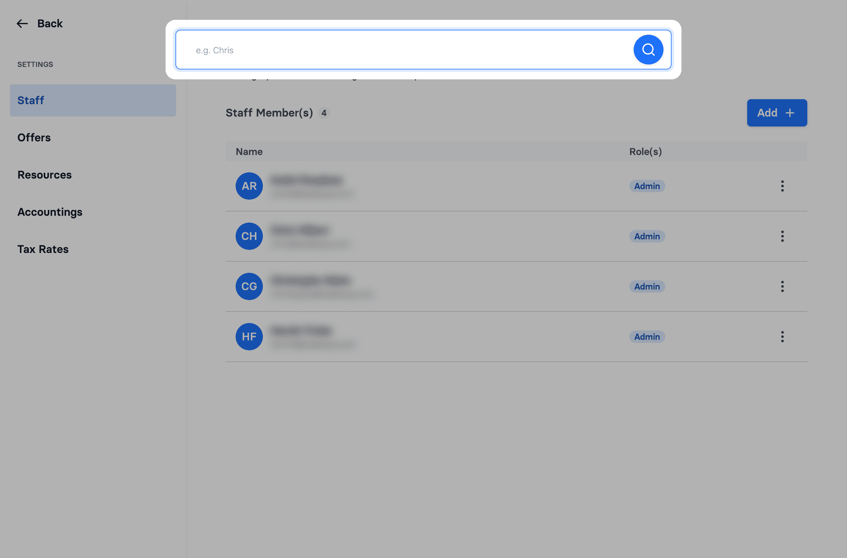 Clicking Add opens a search to find an existing user