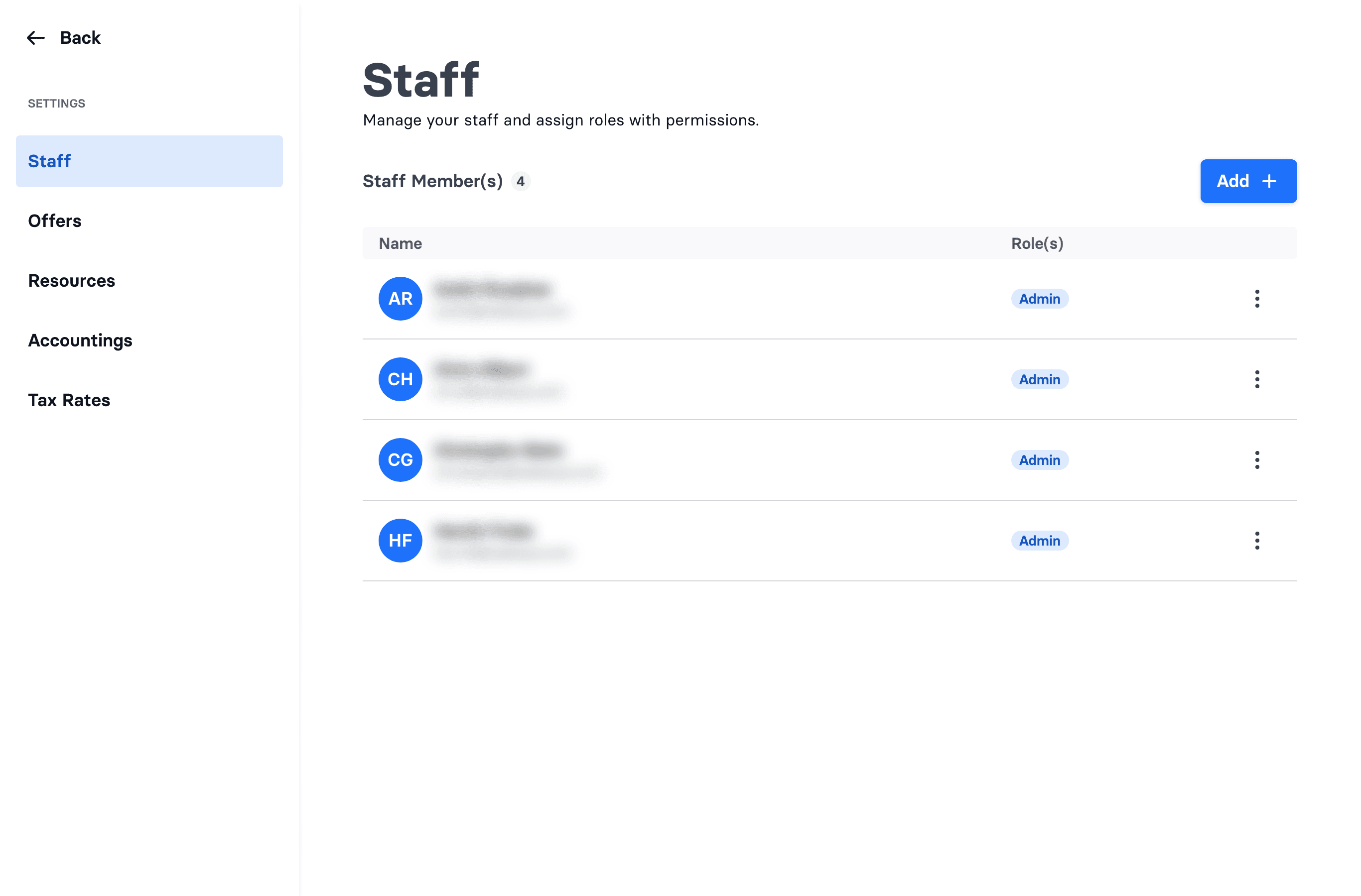 The Staff page in Admin → Settings, with the Add button top-right
