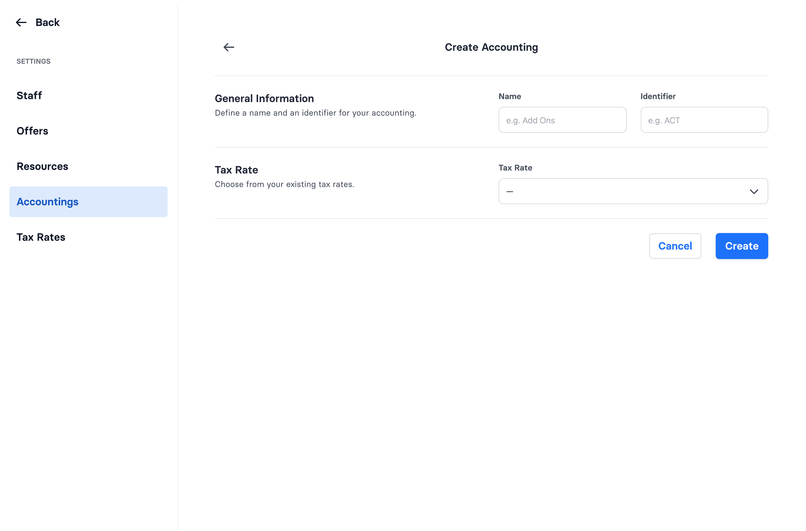 The Create Accounting form, with name, identifier, and tax rate
