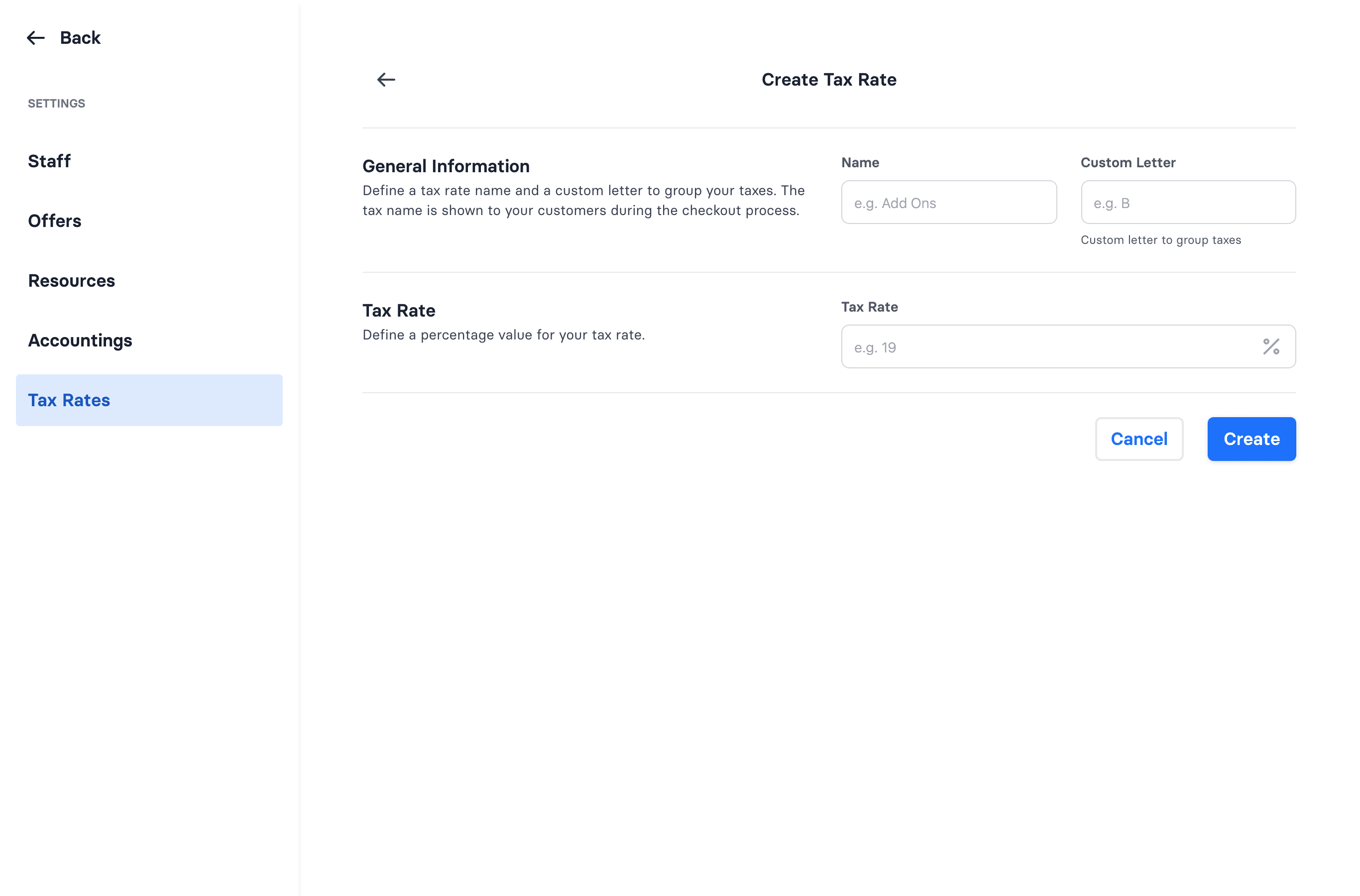The Create Tax Rate form, with name, custom letter, and rate